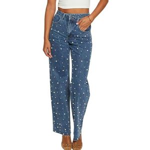 KWISUAWHGA Dames Hoge Taille Jeans Losse Wijde Rechte Pijp Casual Modieus Jeans Broek Met Parelversiering Elegante Broek,Blauw,L