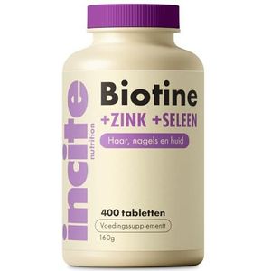 Incite Nutrition Biotine + Selenium + Zink, 400 Tabletten. Supplementen voor huid, nagels en haar. 12-maandenvoorraad van biotine complex om haaruitval te bestrijden en haargroei te bevorderen