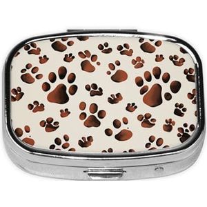 Bruine pootafdrukken vierkante pillendoos met 2 compartimenten draagbare mini-pillendoosje metalen pillenorganisator pillencontainer voor zakportemonnee kantoor reizen