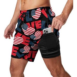 L Love America US Flag Zwembroek voor heren, sneldrogend, 2-in-1 strandsportshorts met compressieliner en zak