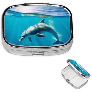 Pillendoos, pillendoos, drijvende dolfijn in de blauwe zee, pillendoos, 2 vakken, kleine pillendoos voor portemonnee of tas, reis-pillendoos, draagbare pillendoos, vitamine-organizer
