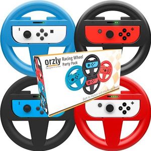 Orzly Steering Wheels for Nintendo Switch - Party Pack of FOUR Racing Wheels for use with Mario Kart 8 Deluxe, Switch Steering Wheel Controller Attachments – [2x Black, 1x Blue, 1x Red Wheels]