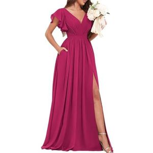 Chiffon bruidsmeisjesjurken voor dames, voor bruiloft, met split, avondgalajurken, cocktailjurken, grote maten, Fuchsia, 32