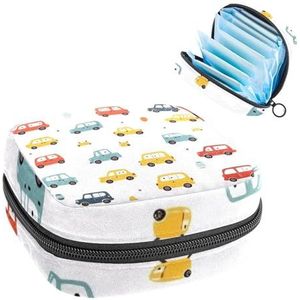 Leuke kleurrijke auto's maandverband opbergtas, grote menstruatie cup zakje met rits, menstruatie pads tas winkel panty voeringen tampons voor meisjes vrouwen