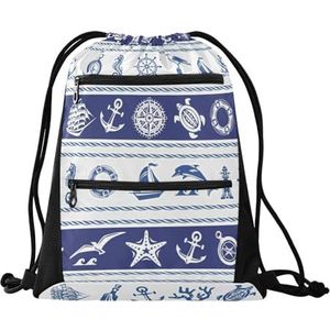 FRODOTGV Grenzen Nautische Zee Symbolen Blauw en Wit Trekkoord Rugzak String Bag Outdoor Sackpack Zwemmen Gym Sackpack met, Grenzen Nautische zee Symbolen Blauw en Wit, One Size