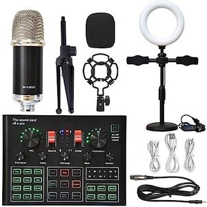 Geluidskaartkit, Professionele Studio Condensator Microfoon Bundel WXH1000 Mic Kit Met Live Geluidskaart Draadloze Karaoke(Silver BM900 LED)
