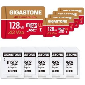 [5 jaar gratis gegevensherstel] Gigastone geheugenkaart 128 GB set van 5 kaarten, 4K camera Pro, compatibel met GoPro Switch, snelheid 100 MB/s. A2 U3 V30 Micro SDXC-kaart met SD-adapter.