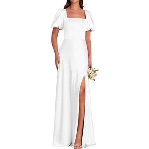 Satijnen galajurken met pofmouwen en split effen vloerlengte A-lijn korset formele avondjurk, Wit, 32