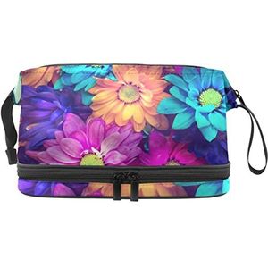 Multifunctionele opslag reizen cosmetische tas met handvat,Grote capaciteit reizen cosmetische tas,Kleurrijke madeliefjes bloemen roze blauw oranje achtergrond, Meerkleurig, 27x15x14 cm/10.6x5.9x5.5 in