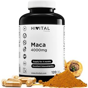 Maca 4000 mg Wortelextract uit Peru. 120 vegetarische capsules voor 4 maanden behandeling. Geconcentreerd extract 10:1 met 400 mg Macawortel. Gefabriceerd in Europa door HIVITAL