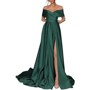 BRIGOW Satijnen bruidsmeisjesjurk voor dames, met split, galajurken, plooien, cocktailjurk, grote maten, Emerald Groen, 32