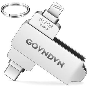 GOVNDVN Apple MFi-gecertificeerde geheugenstick USB Stick voor iPhone, foto-opslagstick USB-flashdrives, flashdrives Lightning USB-C-stick voor iPhone/iPad/Android/PC (512, GB)
