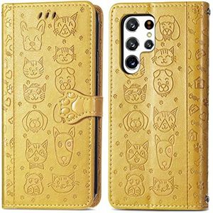 Luxe Kat Hond Stijl Flip Telefoon Case voor Samsung Galaxy S22 S21 S20 FE S10 S9 S8 Plus A12 A13 A33 A52 A52S A53 5G Portemonnee Lederen Bescherm Cover (Geel, voor A52 5G)