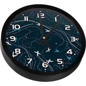 Wandklok, moderne klokken op batterijen, vliegtuiglijn grijze print, ronde stille klok 9.8