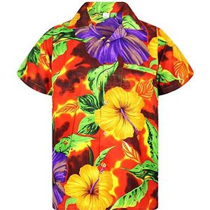 V.H.O. Funky Hawaiihemd voor heren, korte mouwen, voorvak, Hawaï-print met grote bloemen en bladeren, voor zomer/strand, Big Flower Oranje, 4XL