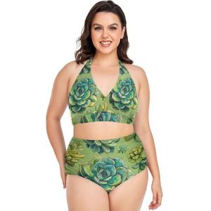 Groene Cactussen Vetplanten Vrouwen Bikini Sets Plus Size Badpak Twee Stukken Hoge Taille Strandkleding Meisjes Badpakken, Pop Mode, XXL