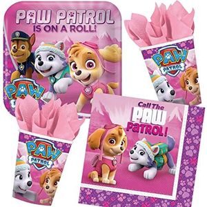 Carpeta Skye Paw Patrol Partyset, 37-delig, met bord, beker, servetten en decoratie, voor meisjes, roze, kinderverjaardag, hond, politie, verjaardag, party, ballonnen