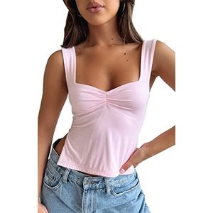 Knhorfad Sleeveless Strappy Tank Sexy Pleated Bustier Sweetheart Neck Strappy Y2K Slits Cropped Vest Cami (S Roze)