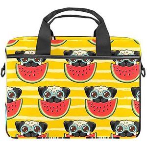 Pug Hond Eenhoorn Patroon Gele Sterren Laptop Schouder Messenger Bag Crossbody Aktetas Messenger Sleeve voor 13 13.3 14.5 Inch Laptop Tablet Beschermen Tote Bag Case, Pug Hondenbril Watermeloen Geel Streep, 11x14.5x1.2in /28x36.8x3 cm