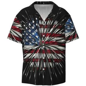 YJxoZH Amerikaanse Vlag Vuurwerk Print Heren Jurk Shirts Casual Button Down Korte Mouw Zomer Strand Shirt Vakantie Shirts, Zwart, 3XL