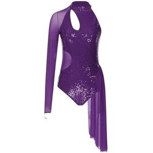 NUOYIXUAN Balletpak voor dames met pailletten, één schouder gedeelte, doorzichtige netstof, lyrische dansjurk, danskleding, kunstschaats-overall (paars, S)