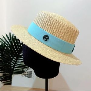 Elegante brede rand schippershoed zomer raffia hoed dames stro zonnehoed platte stro fedoras derby met verwisselbare gekleurde banden(Size:Natural-light green)