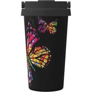 EdWal Mooie vlinder print 500ml koffiemok, geïsoleerde camping mok met deksel, reisbeker, geweldig voor elke drank
