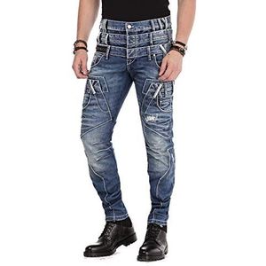 Cipo Baxx herenjeans, destroyed, meerdere tailleband, geribbeld, design, denim, used jeans, rechte pasvorm, blauw, blauw, 30