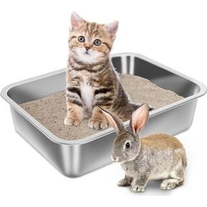 Kattenbak van roestvrij staal voor katten, open kattenbak voor grote katten, kleine en konijnen, anti-aanbaklaag, gemakkelijk te reinigen, hoge zandbak, geurloos en ruim, 40 x 30 x 15 cm (M)
