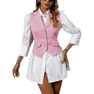 Dames mouwloos vest zomer V-hals knoopjesvest for casual kantooruitjes(Pink,S)
