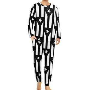 Puerto Rico vlag zwart-wit comfortabele heren pyjama set ronde hals lange mouwen loungewear met zakken 6XL