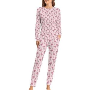 Flamingo's in zachte damespyjama met lange mouwen, warme pasvorm, loungewear sets met zakken, 2XL