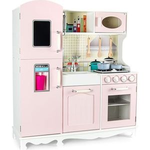 Leomark Kinderkeuken van hout - roze vintage - speelgoedkeuken met zilveren accessoires, keuken met telefoon en ijsmachine, ideaal voor kinderen, roze kleur, hoogte 103 cm