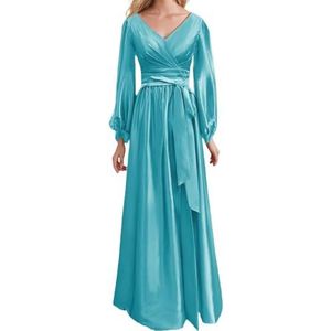 Prinses Bruidsmeisje Jurken Lange Mouw Galajurken V-hals Satijn Formele Avondfeest Maxi Jurk ZM200, Turkoois, 42
