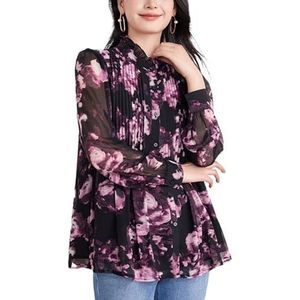 ROUZIHU Bedrukt Chiffon Shirt Middellange Losse Staande Kraag Blouse Lange Mouw Dames Shirt(Purple,XXL)