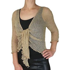Mimosa Gehaakte bolero voor dames, glitter of effen, super rekbare kanten visnet stropdas in de taille, bolero, open vest, past maat 34-56, Fawn Goud, One size Grote Maten