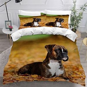 Beddengoed 200 x 200 cm, zacht, hypoallergeen beddengoed, boxer-hond, 3D-motief, licht, microvezel, dekbedovertrekken, bruin, hond, bladeren, jongeren, hoogwaardig dekbedovertrek met ritssluiting