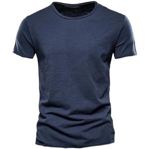 Mannen Katoenen T-shirt Zomer Casual Zachte Fitness Dunne Tees Herenkleding Thuis O-hals Korte Mouw Soild Shirt, marineblauw, S