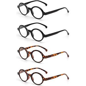 JM Set van 4 ronde leesbrillen met veerscharnier voor dames en heren, bril voor lezen + 3.0 zwart & schildpad