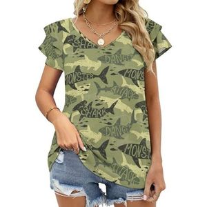 Camouflage Shark Grafische Blouse Top Voor Vrouwen V-hals Tuniek Top Korte Mouw Volant T-shirt Grappig