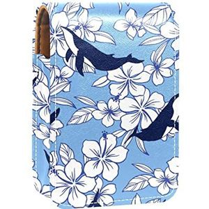 Make-up Lipstick Case voor Buiten Hibiscus Walvis Blauw Draagbare Lippenstift Organizer met Spiegel Dames Mini Make-up Tas Neemt Tot 3 Lippenstift