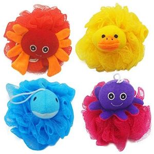 Bleu Bath (4 Pack) Mooie Dier Ontwerp Kids Exfoliëren Bad Scrubber Body Scrubber Douche Bal voor Baby Peuter Kids Zachte Exfoliërende Bad Spons Loofah Poef in Kleurrijke Ontwerp