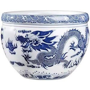 WENNEWU Blue and White Porcelain Fish Bowl Planter, Chinese Ceramic Dragon Pattern Garden Pot, Decorative Flower Container, for Daffodils, Hydroponics, Lotus Or Goldfish,18.5cm