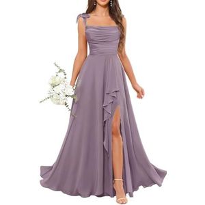 Dames chiffon bruidsmeisjes jurken met split lange galajurken ruches cocktailjurk plus size, Wisteria, 32