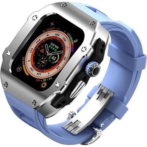 dayeer Roestvrij stalen metalen behuizing fluorrubber horlogeband voor Apple Watch ULTRA2 49 mm, metalen afdekband modificatiekits voor Iwatch Ultra (Color : BlueS, Size : Ultra2 ultra 49mm)