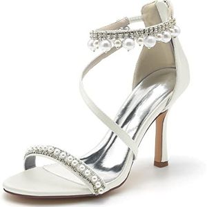 GHSIRUEU Witte Vrouwen Hak Sandalen Parel Decoratie Naaldhakken Terug rits formele avond bruiloft partij jurk schoenen,ivoor,41 EU