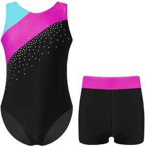 AYWTIUN Turnpakjes voor meisjes en meisjes, gymnastiek jumpsuit, mouwloos, skatespakjes met shorts, danskleding, set, tieners, oefening, ballet tutu bodysuit (roze, 16)