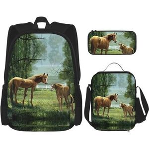 Dieren Borduurwerk Schilderijen Paarden 3 Stuks Rugzakken 16 inch Preschool School Boekentas en Lunch Box voor Elementaire Peuter, Zwart, Eén maat, Schooltas Set