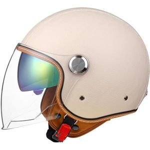 Motorfiets 3/4 Helm Mannen Vrouwen Retro Open Gezicht Half Helm Leer Vintage Klassieke Volwassene Jet Helm voor Scooter Cruiser Bromfiets DOT/ECE Goedgekeurd C,M=57-60cm