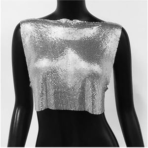 Sexy metalen pailletten tanktop for dames zomer strand backless crop top rave festival club outfits hemdje (Kleur : Silver, Size : S)